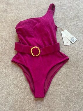 Costa Linda Fuchsia One-Shoulder belted One-Piece Swimsuit Large